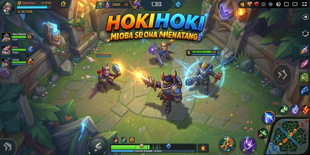 Screenshot HOKIHOKI menampilkan pertarungan intens di arena MOBA.