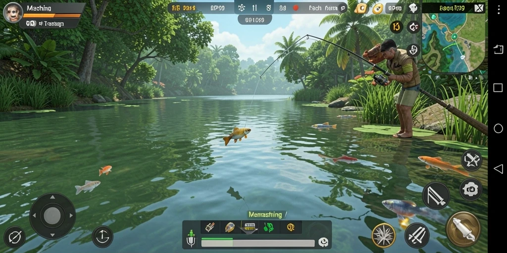 Screenshot gameplay RP99 menunjukkan momen seru saat menangkap ikan.